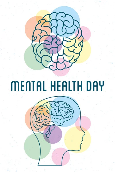 Lettrage de la Journée de la santé mentale avec cerveaux et profil — Image vectorielle