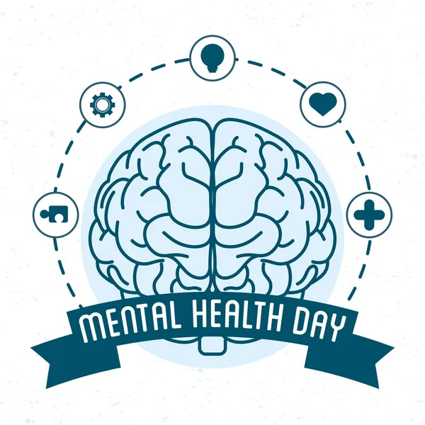 Letras do Dia da Saúde Mental com cérebro e ícones ao redor —  Vetores de Stock