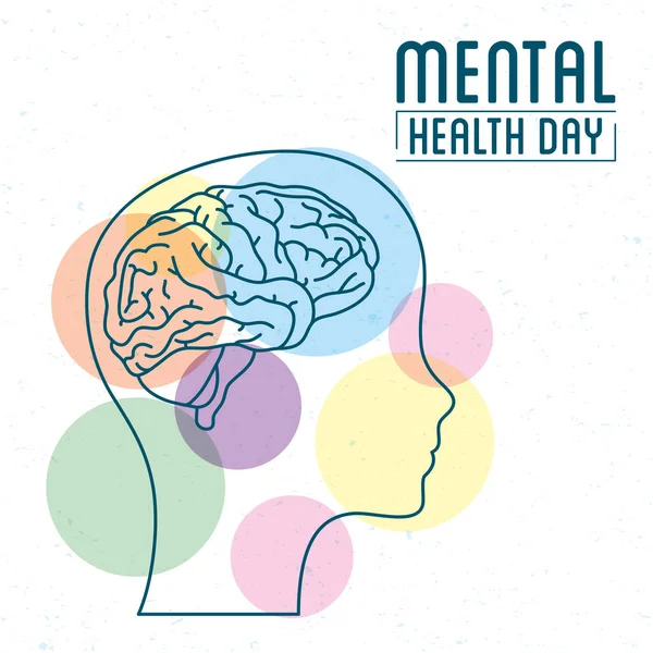 Journée de la santé mentale lettrage avec cerveau de profil humain et boules de couleurs — Image vectorielle