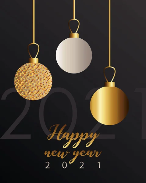 Happy new year 2021 golden lettering with balls hanging in black background — Stock Vector