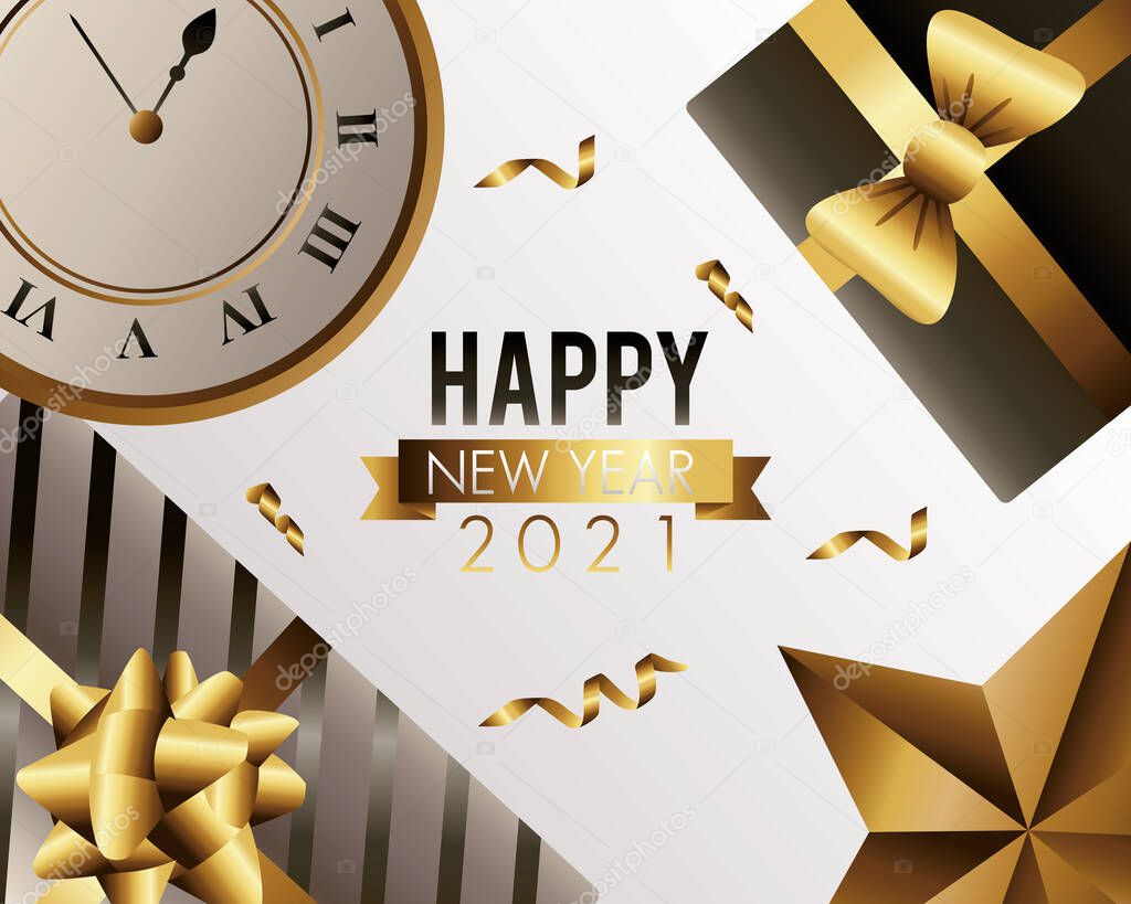 happy new year 2021 lettering with watch and gifts