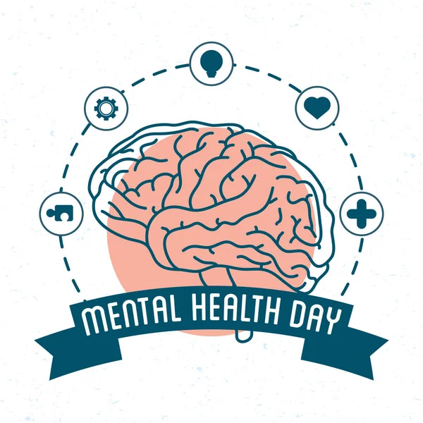 Journée de la santé mentale lettrage avec cerveau humain et définir des icônes — Image vectorielle
