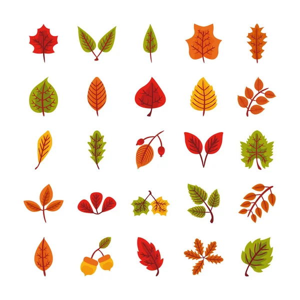 Paquet de vingt-cinq feuilles d'automne style plat en arrière-plan vert — Image vectorielle