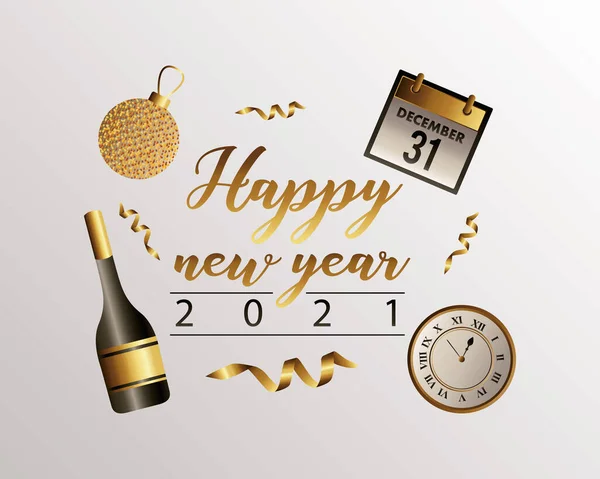 Szczęśliwego Nowego Roku 2021 napisy z kalendarzem i szampanem — Wektor stockowy