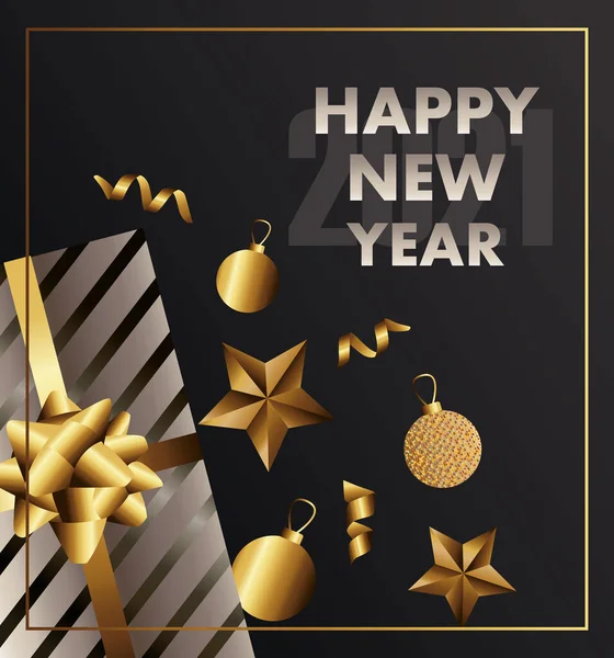 Szczęśliwego Nowego Roku 2021 liternictwo z kulkami i ramą kwadratową prezent — Wektor stockowy