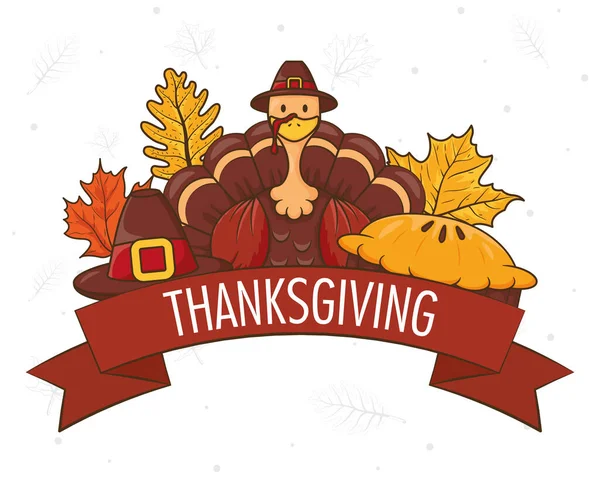 Happy thanksgiving day lettering with turkey wearing pilgrim hat and leafs — Stock Vector