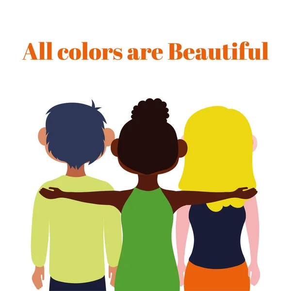 Tüm renkler güzeldir. Irklar arası arkadaşlarla harf yazarlar. — Stok Vektör