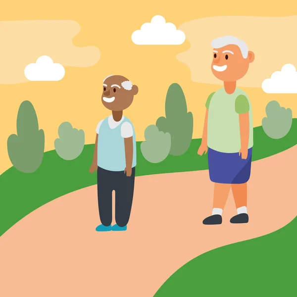 Interracial ancianos caminando en el parque activo seniors caracteres Gráficos Vectoriales