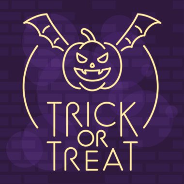 Cadılar Bayramında Cadılar Bayramı harfleri neon ışıklarda uçuşan balkabağıyla