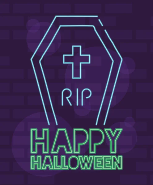 Letras halloween feliz en luz de neón con ataúd — Vector de stock