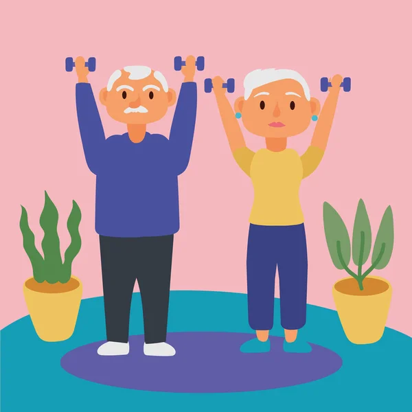 Old couple lifting dumbbells active seniors characters — Stock Vector