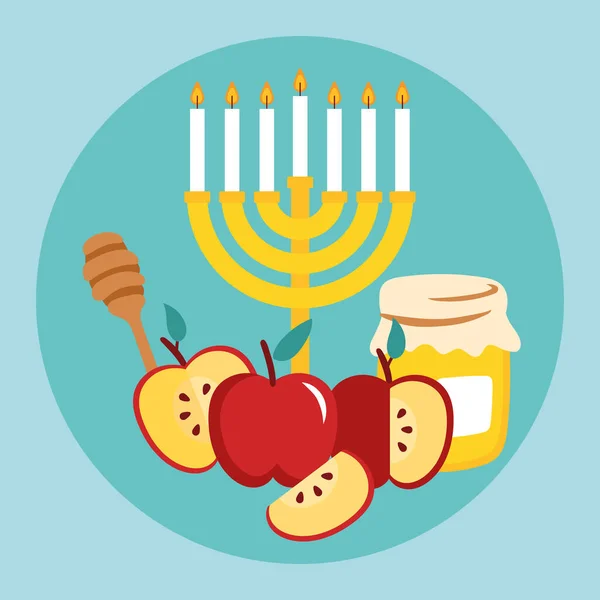 Feliz festa hashanah rosh com frutas e mel com lustre — Vetor de Stock