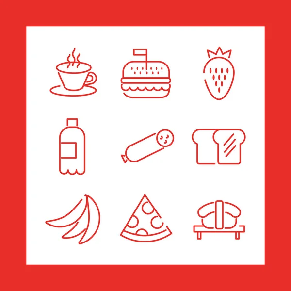 Pakiet dziewięciu ikon zestawu żywności w czerwonym tle — Wektor stockowy