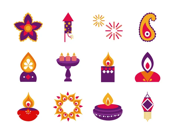 Bundle di dodici diwali set icone in stile piatto — Vettoriale Stock