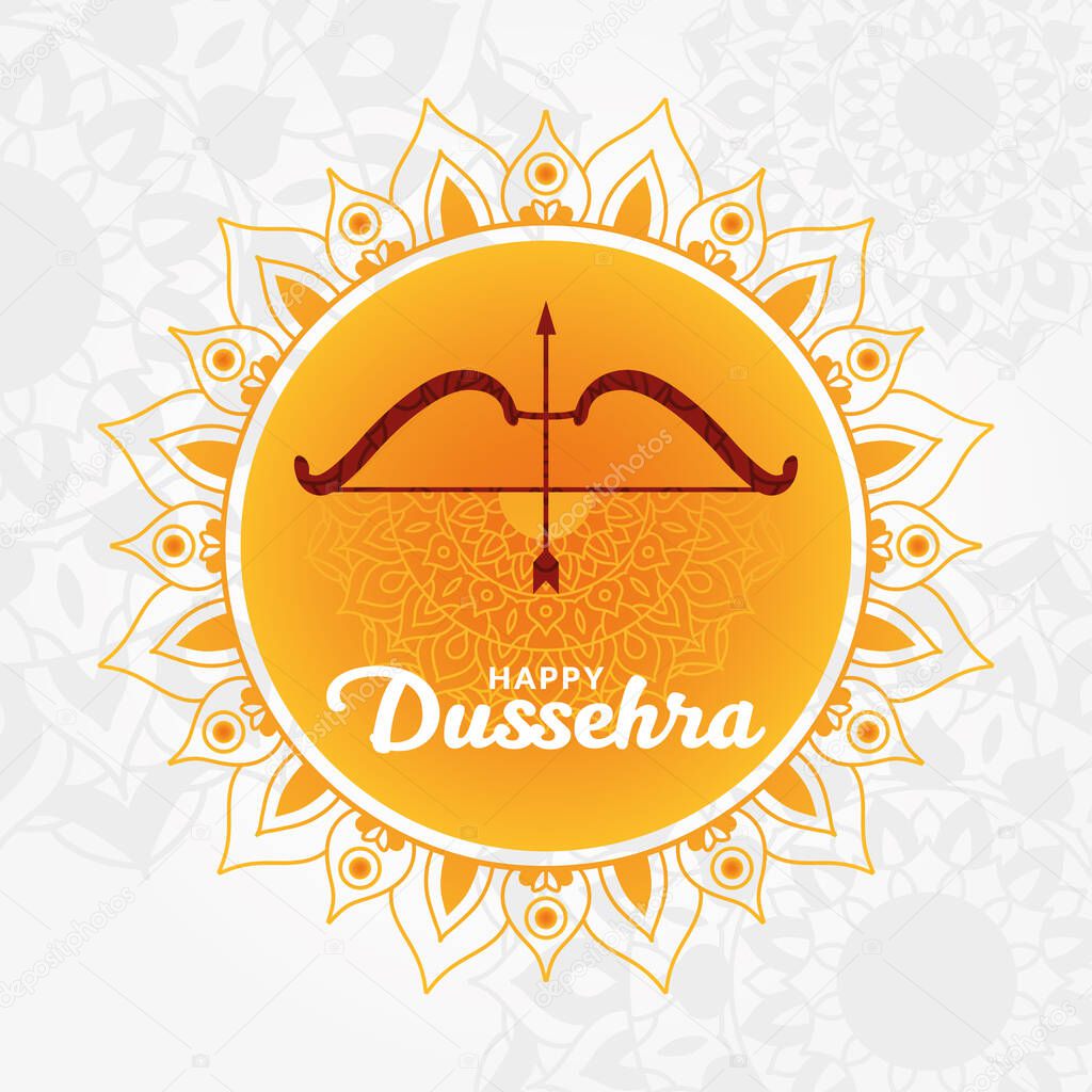 Happy dussehra and bow with arrow on orange mandala vector design