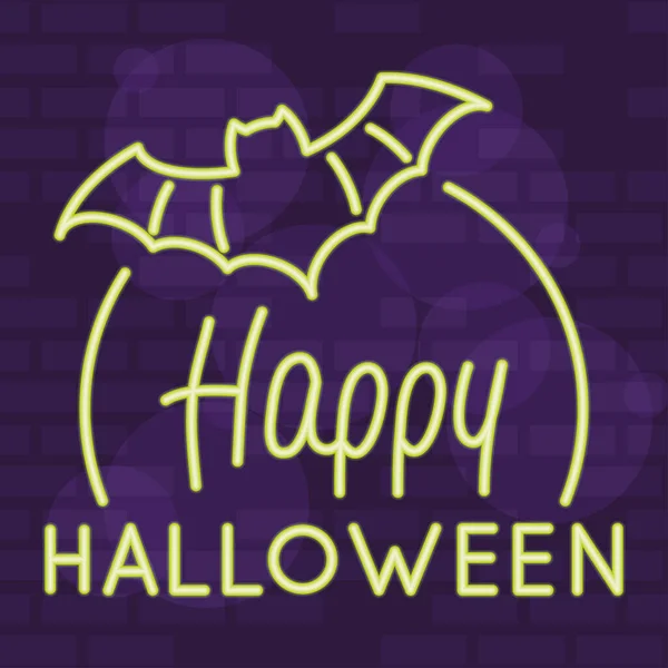 Fröhlicher Halloween-Schriftzug im Neonlicht mit Fledermausflug — Stockvektor