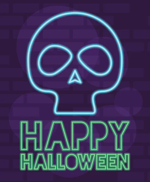 Fröhlicher Halloween-Schriftzug im Neonlicht mit Totenkopf — Stockvektor