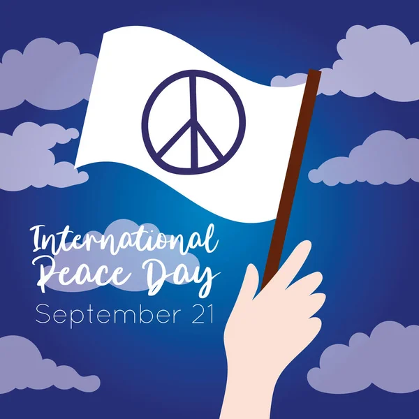 Letras del Día Internacional de la Paz con la bandera blanca ondeando a mano — Archivo Imágenes Vectoriales