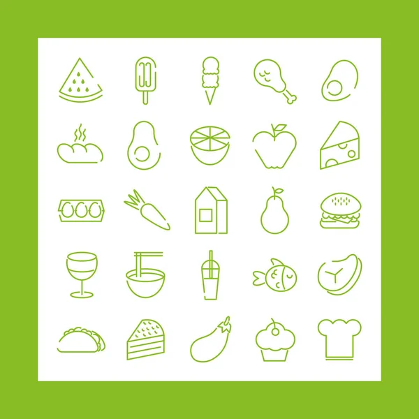 Paket med tjugofem livsmedel set ikoner i grön bakgrund — Stock vektor