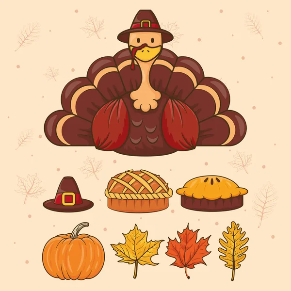 Gelukkig Thanksgiving dag viering met kalkoen dragen pelgrim hoed en set pictogrammen — Stockvector