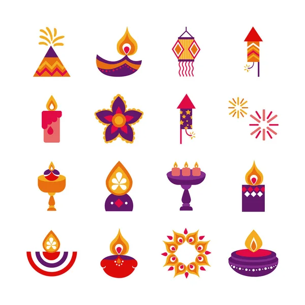 Bundle di sedici diwali set icone in stile piatto — Vettoriale Stock