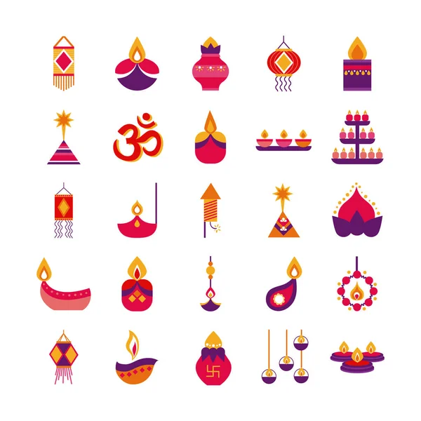 Bundle di venticinque diwali set icone in stile piatto — Vettoriale Stock