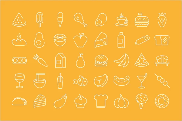 Paquete de cuarenta iconos de conjunto de alimentos en el fondo amarillo — Vector de stock