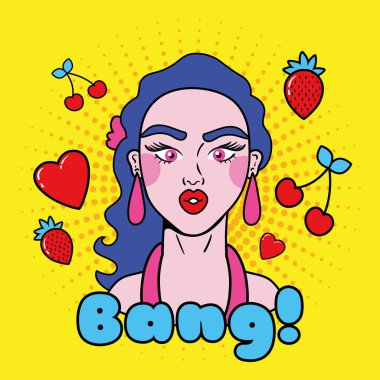 Kalpler ve meyveler ile genç bir kadın pop sanat tarzında