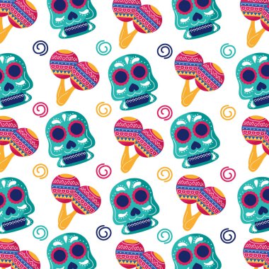 Geleneksel Meksika kafatası kafaları ve marakas düz stil