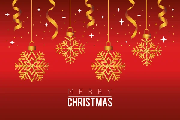 Joyeuse célébration de Noël avec des flocons de neige suspendus en arrière-plan rouge — Image vectorielle