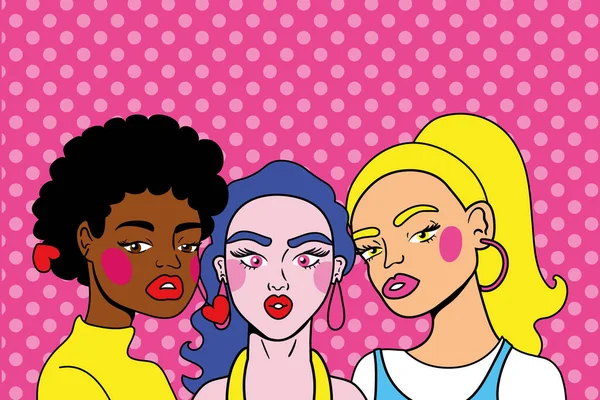 Young interracial women friends pop art style — Stock Vector