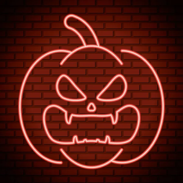 Feliz pared de halloween con calabaza y dientes de dracula en luz de neón — Archivo Imágenes Vectoriales