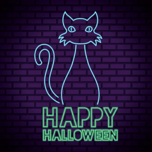 Feliz halloween lettering en neón luz con gato — Vector de stock
