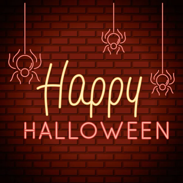 Happy halloween lettering in neon light with spiders hanging — Stock Vector