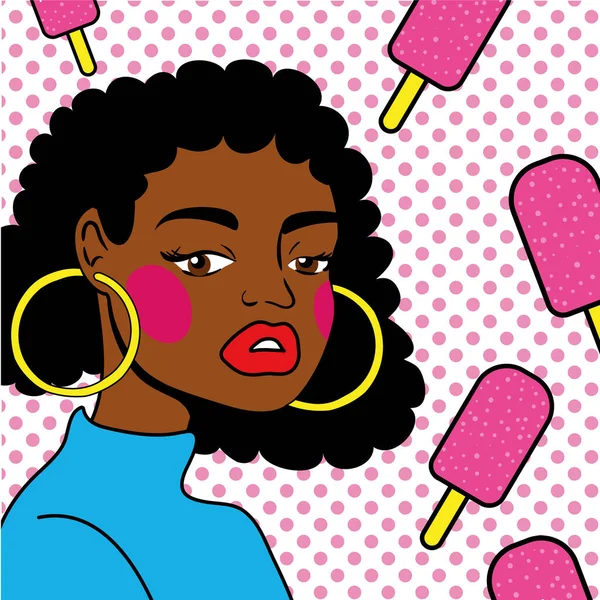 Young afro woman with ice creams pop art style — Stock Vector