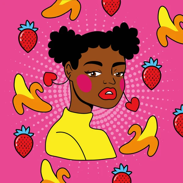 Young afro woman with fruits pop art style — Stock Vector