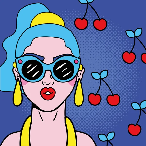 Mujer joven con gafas de sol y cerezas estilo pop art — Archivo Imágenes Vectoriales