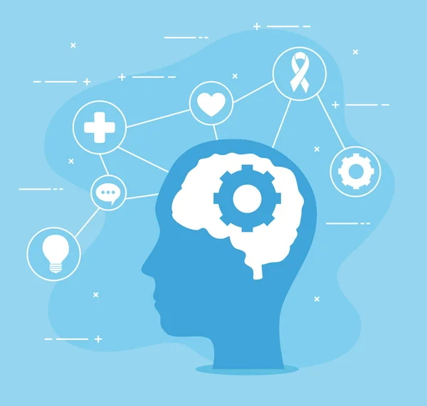 Ψυχική υγεία των εργαλείων στον εγκέφαλο στο κεφάλι και εικονίδιο σύνολο διανυσματικό σχεδιασμό — Διανυσματικό Αρχείο