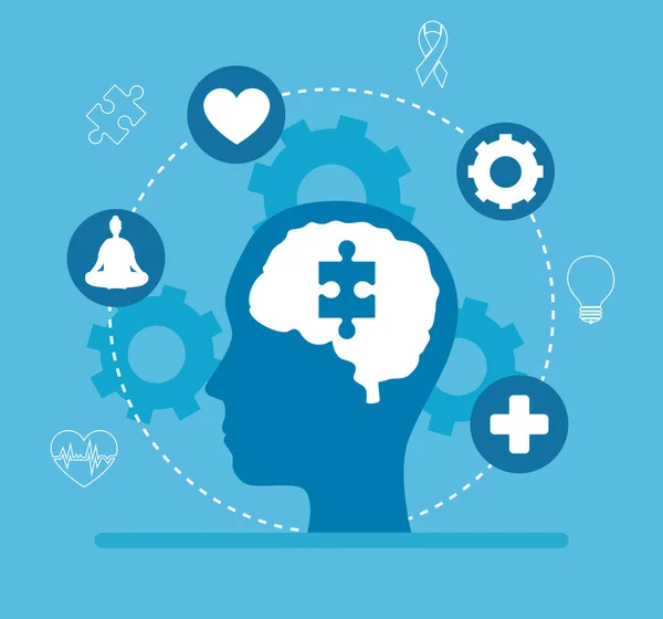 Salud mental del rompecabezas en el cerebro en la cabeza y el icono conjunto de diseño de vectores — Vector de stock