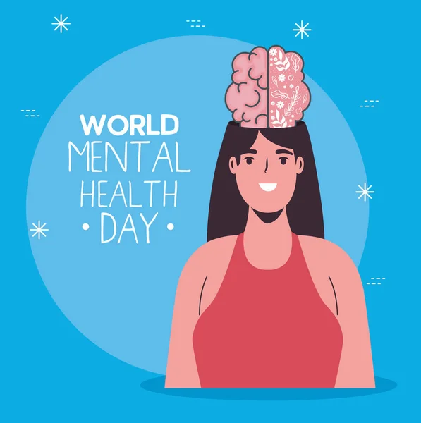 Journée mondiale de la santé mentale avec cerveau sur la conception vectorielle de la femme — Image vectorielle