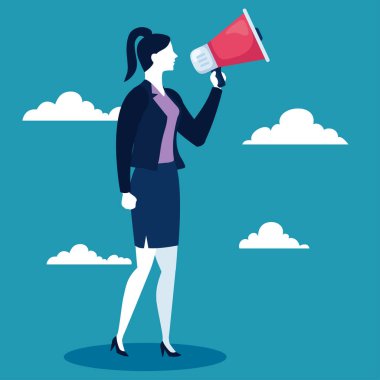 Mavi arkaplan vektör tasarımında megafonu ve bulutları olan iş kadını
