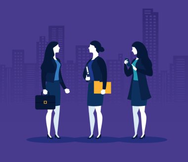 Bavul dosyası ve akıllı telefonlu iş kadınları şehir binalarının vektör tasarımı önünde