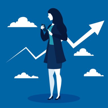 Artan ok ve bulutlu iş kadını mavi arkaplan vektör tasarımında