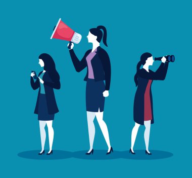 Mavi arka plan vektör tasarımında megafon dürbünü ve akıllı telefonu olan iş kadınları