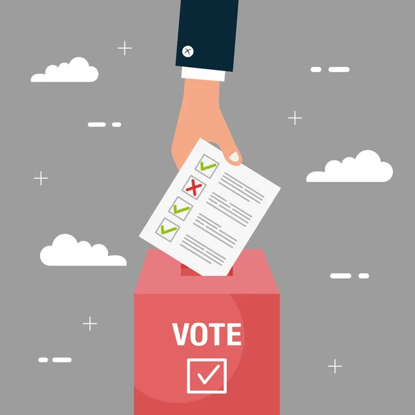 Giorno delle elezioni mano che tiene carta di voto e design vettoriale scatola — Vettoriale Stock