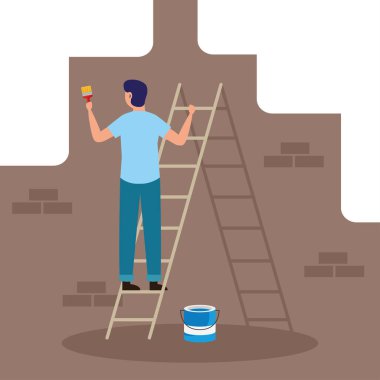 Merdiven vektör tasarımında fırça ve kova kullanan ressam.