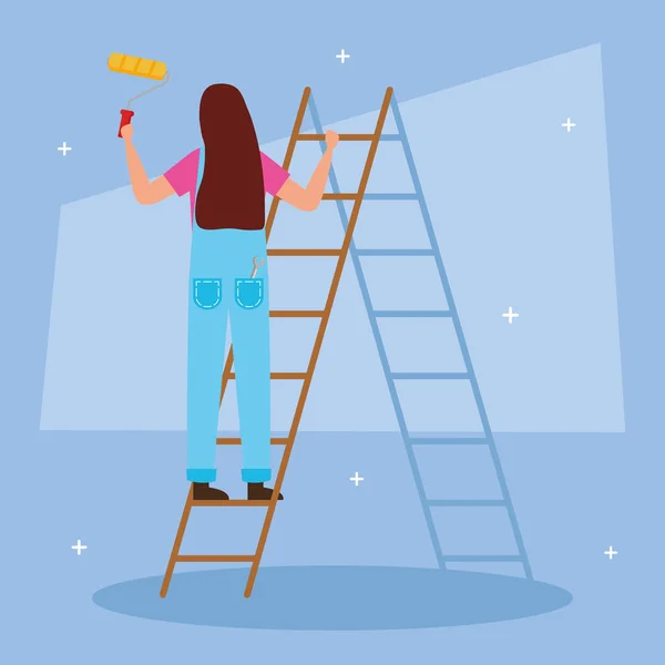 Mulher pintor com rolo e balde em design de vetor escada —  Vetores de Stock