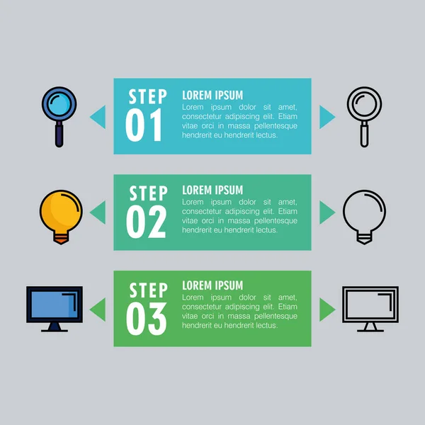 Infographic stappen lupe lamp en doel vector ontwerp — Stockvector