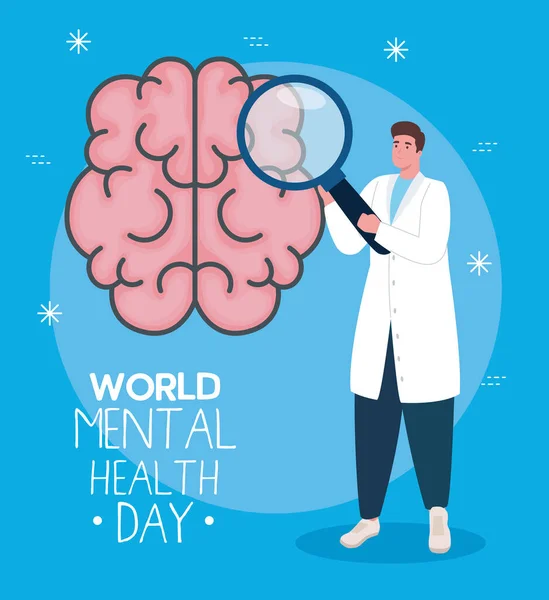 Dia mundial da saúde mental com design de vetor médico de cérebro e homem —  Vetores de Stock
