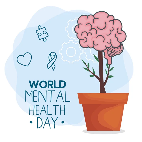Dia mundial da saúde mental com design de vetores de plantas cerebrais —  Vetores de Stock